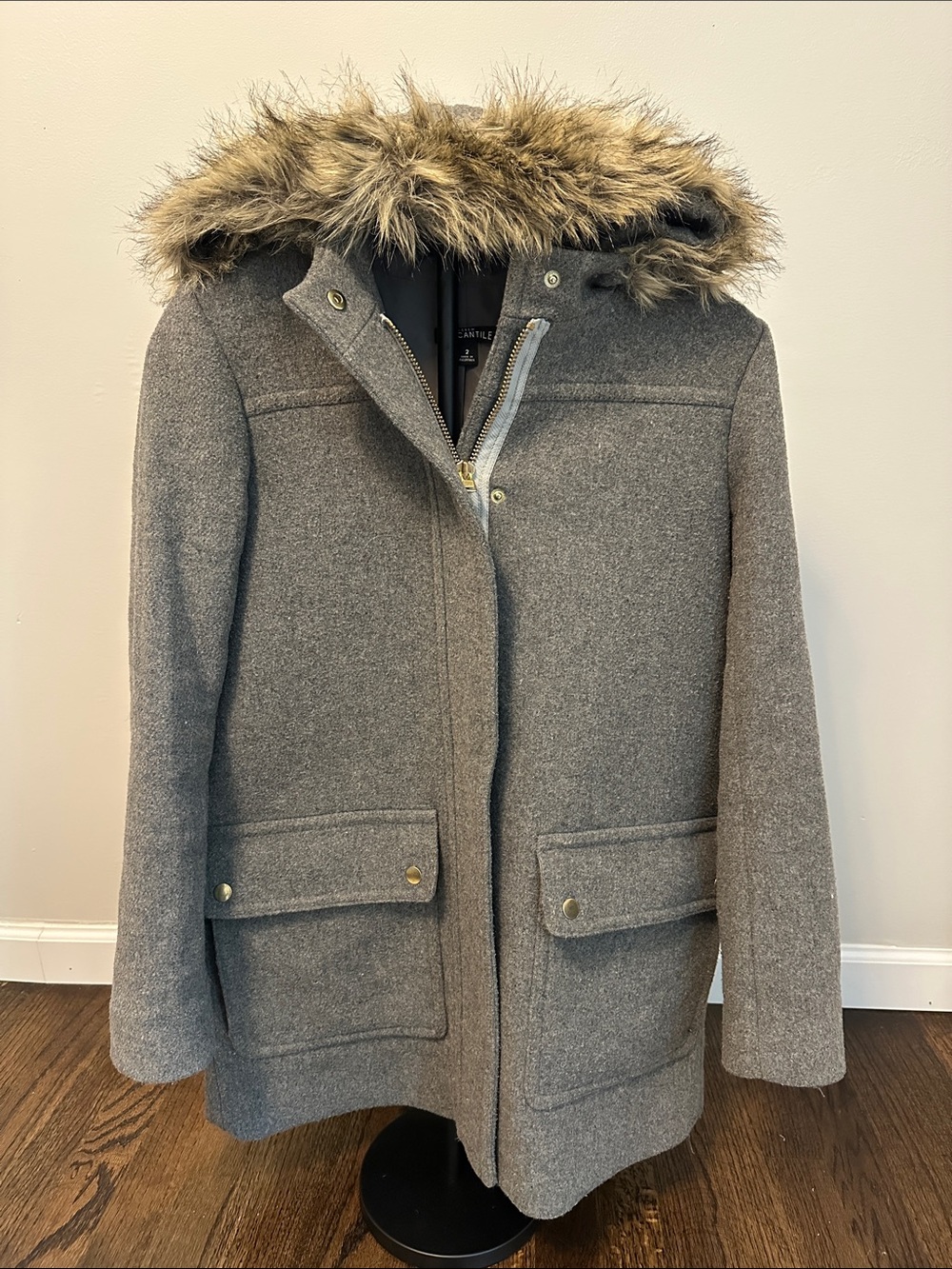 J. Crew Mercantile Gray Wool-Blend Hooded Pea Coat with Faux-Fur Trim